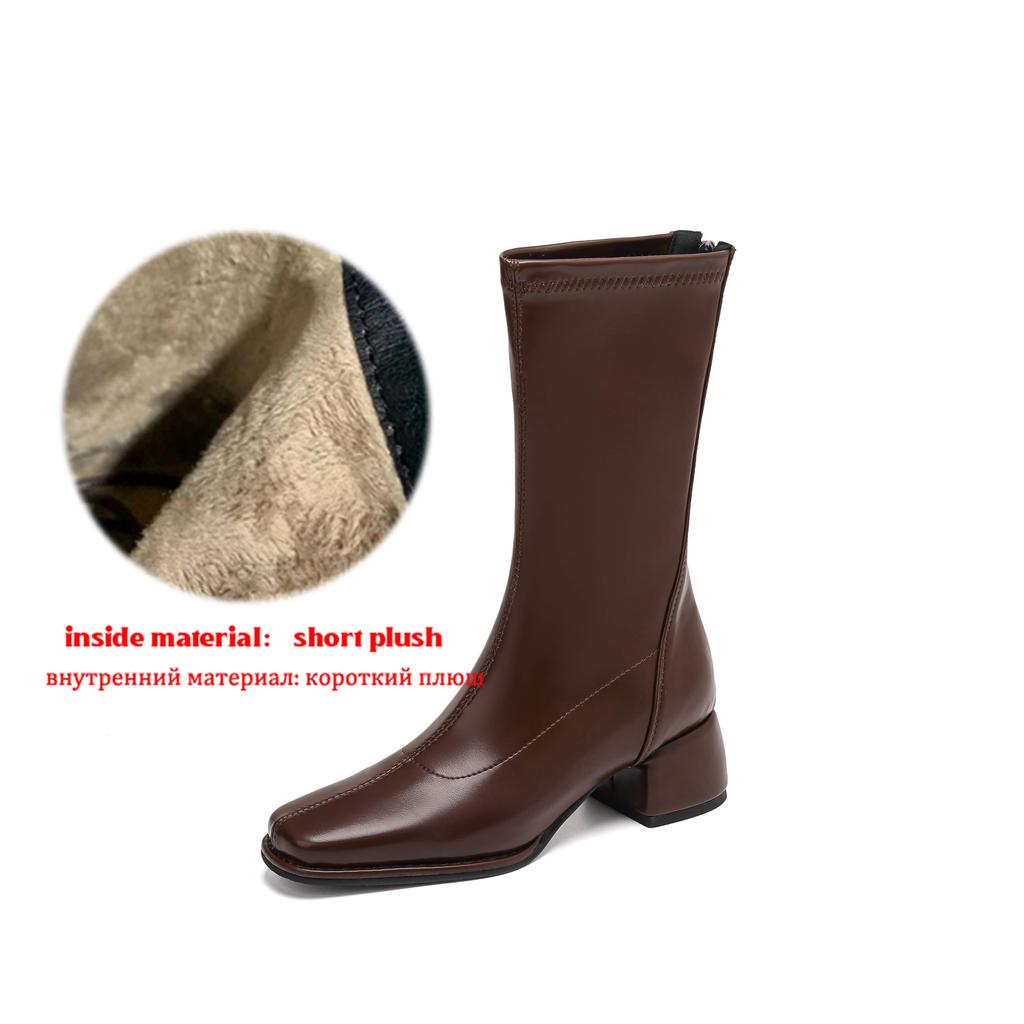 Krazing Pot Microfiber Autumn Winter Shoes Thick Med Heels Size 43 Chelsea Boots Apricot Zipper Mid-calf Boots