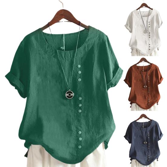 Woman Tops Round Neck Short Sleeves Solid Color Pullover Breathable Casual Wear Oversize Summer Loose Cotton Linen Leisure Shirt Women Clothes