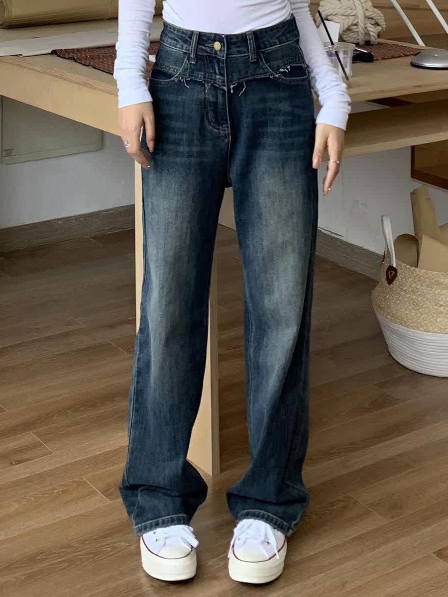 Dark Blue High-Waist Wide Leg Jeans for Women - Spring Trend XL (129-140 lbs)