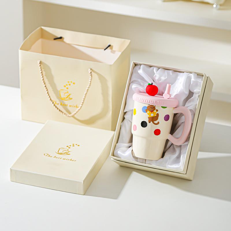 Apple Sippy Cup for Girls Birthday Girl Heart Cat Sippy Cup Cute Ceramic Mug Souvenir Gift Box