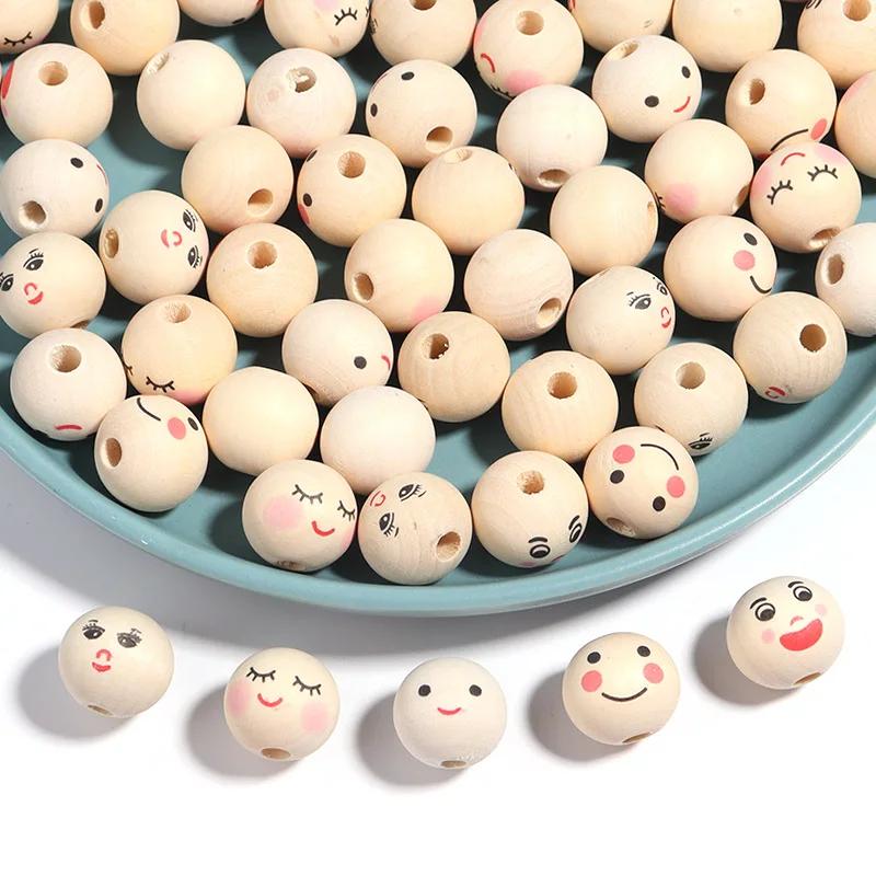 CH02 20Pcs Cute Expression Fun DIY Beaded Charm Bracelet Handmade Round Beads Wooden Crafts Jewelry Beads Accessories Material