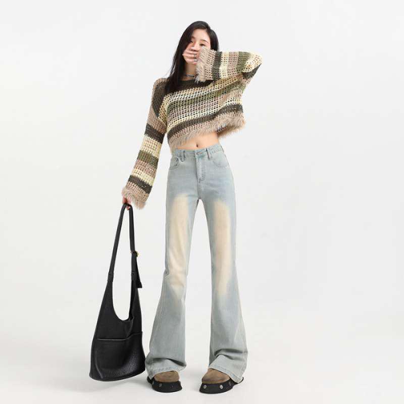 Women's Velvet High-Waisted Flared Jeans - Stretchy, Thick, and Floor-Length for Autumn/Winter