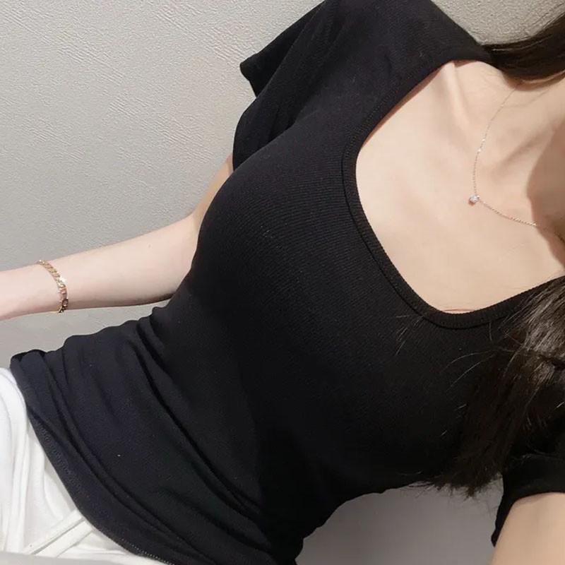 

Versatile Women s Simple U-neck Tight Short-sleeved T-shirt One Size