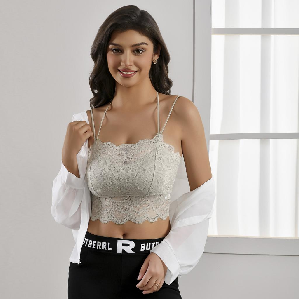 Bralette Dorsale in Pizzo Canotta Spallino Sottile Tubino Reggiseno Senza Ferretto Push-Up Raccogli Grasso Laterale Canottiera