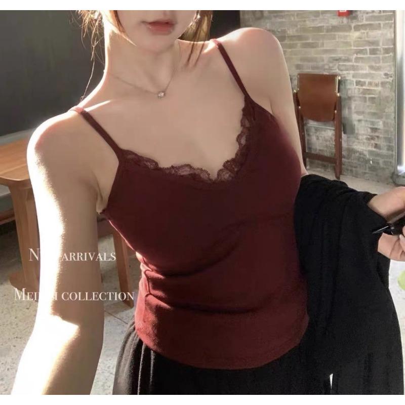Cotton-brushed French Pure Wind Lace Patchwork Camisole Vest Slim with Chest Pad with Thermal Top