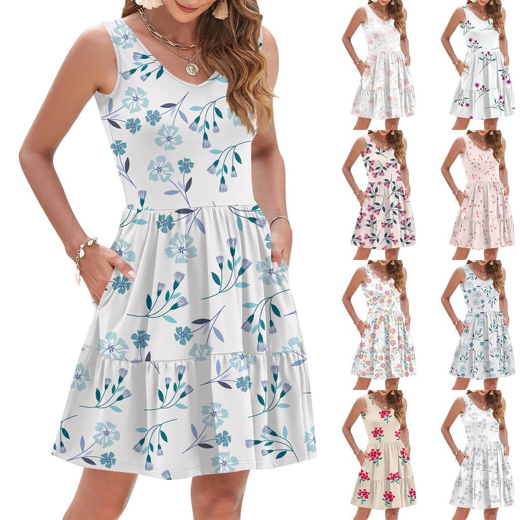 Women's Summer Fashion Casual V-neck Pleated Stitching Small Floral Print Sleeveless Vest Dress With Pockets