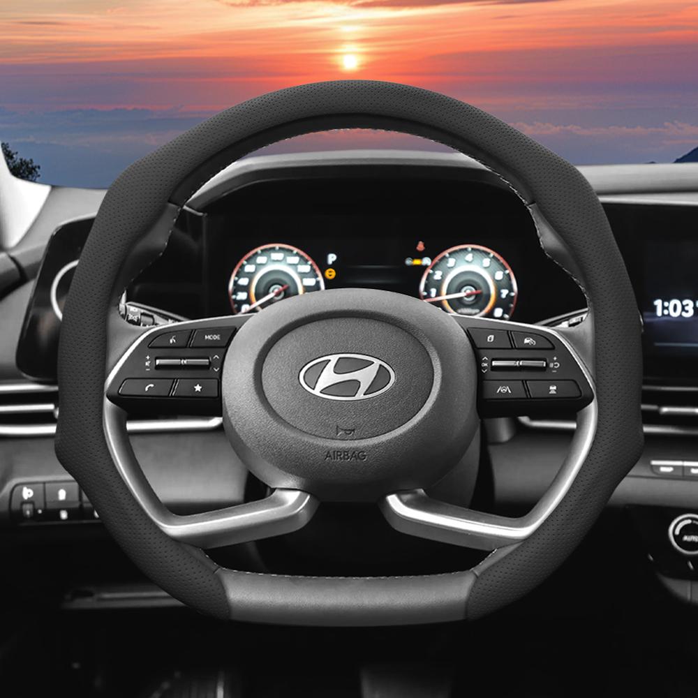 Suitable for Hyundai Perforated Leather Steering Wheel Cover, Non-Slip, Sweat-Absorbent, Breathable, Integrated Protective Case Elantra N Sonata Ioniq