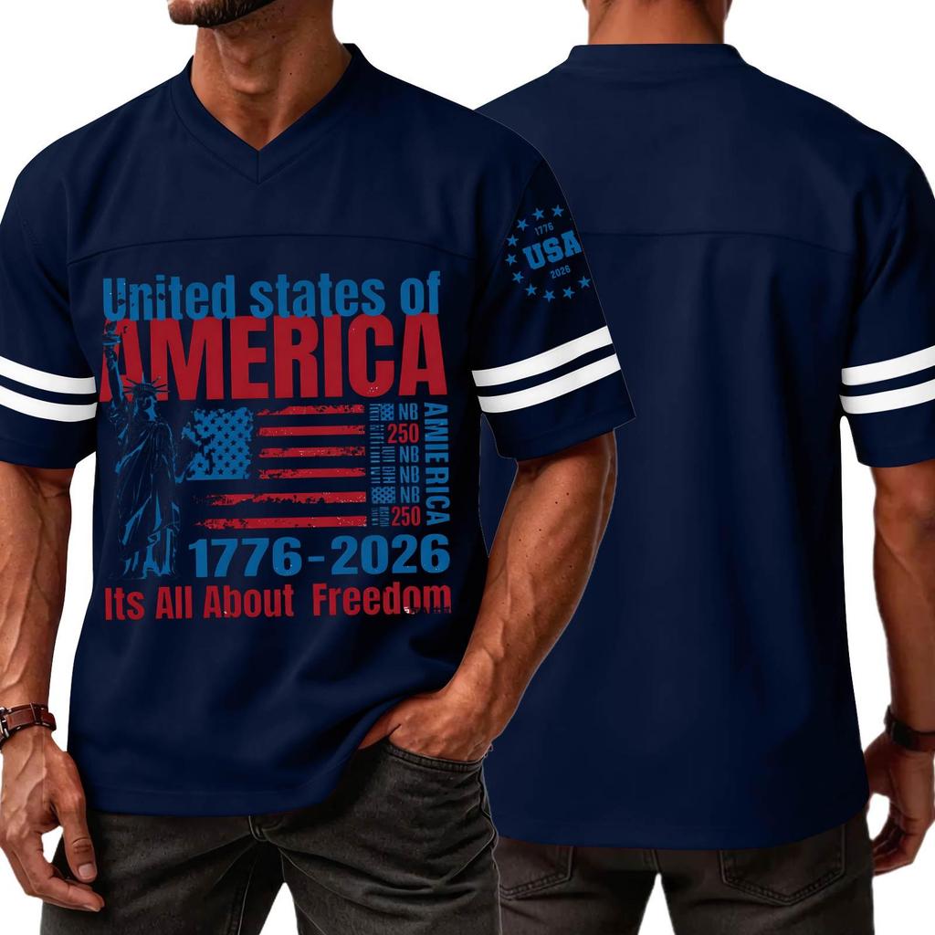 Mens V Neck Short Sleeve Sports T Shirt with States of America 1776 2026 Graphic and Statue of Print
