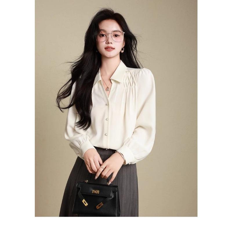 Women s Off-White V-Neck Long Sleeve Gathered Shoulder Loose Fit Casual Blouse S абрикосовый