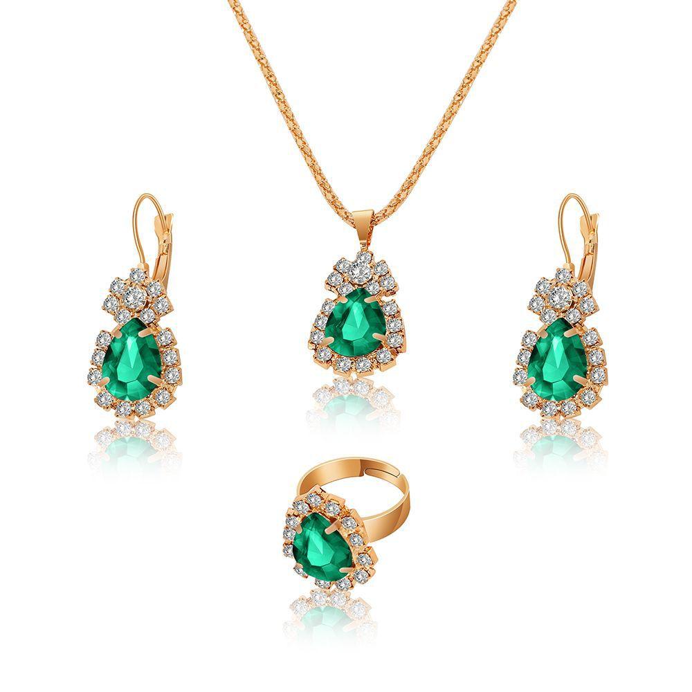 Wholesale Bridal Jewelry Set Ins Water Drop Rhinestone Necklace Earrings Ring Set