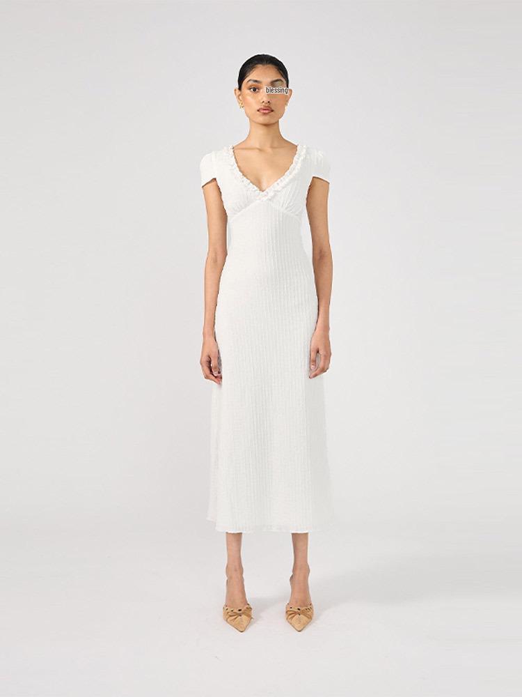 2026 European Spring/Summer Women's Solid Color Deep V-Neck Short Sleeve Long Dress
