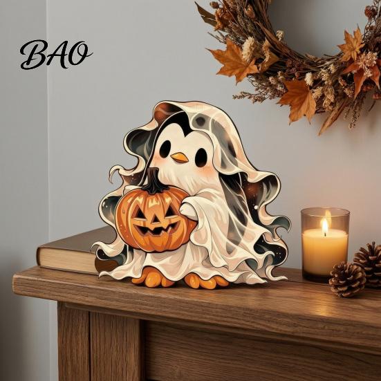 Seasonal Shelf Display Halloween Wooden Ghost Ornament with Pumpkin Pattern, Double Sided Desktop Decoration, Spooky Tiered Tray Decor Decor,
