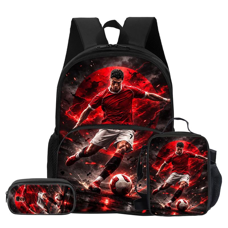 3 Pcs Set with Front Pocket Backpack Ronaldo with Thermal Insulated Lunch Tote Purse CR Pencil Case Football Star Rucksack