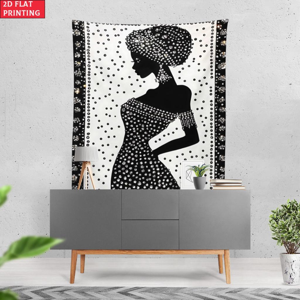 Black And White African Woman Silhouette Wall Tapestry Modern Art Decor 2D Flat Printing