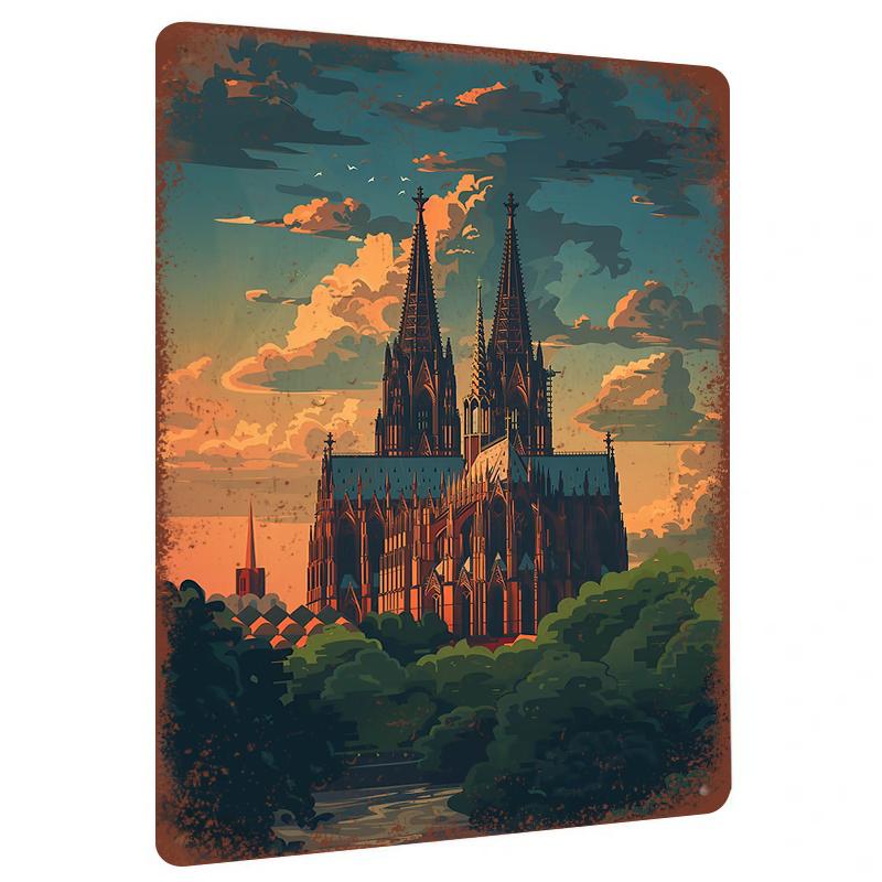 

Gothic Church Sunset Silhouette Metal Wall Art European Retro Decorative Painting 20x30cm（7.8x11.8inch）