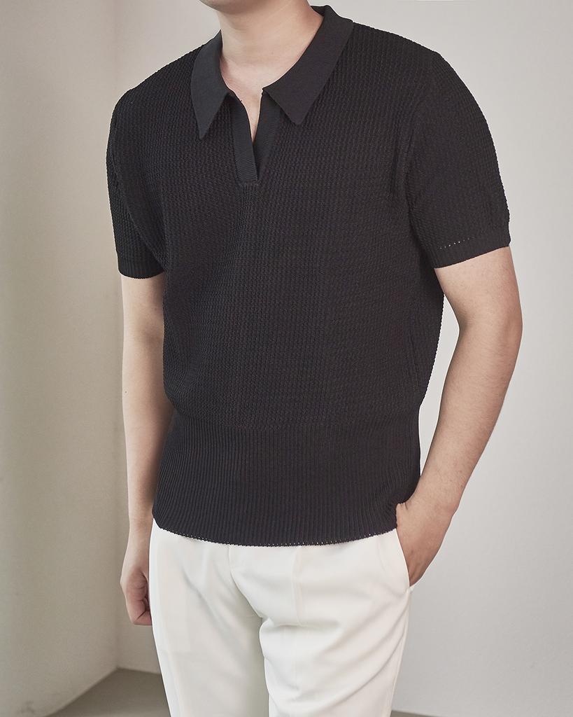 DEVERRMAN Open Collar Signature Half Knit (Black)