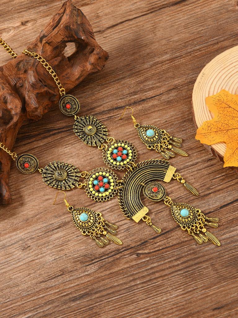 Vintage Bohemian Diamond Rice Bead Jewelry Set Old Style Necklace Earrings Two-piece Set Travel Auction Jewelry