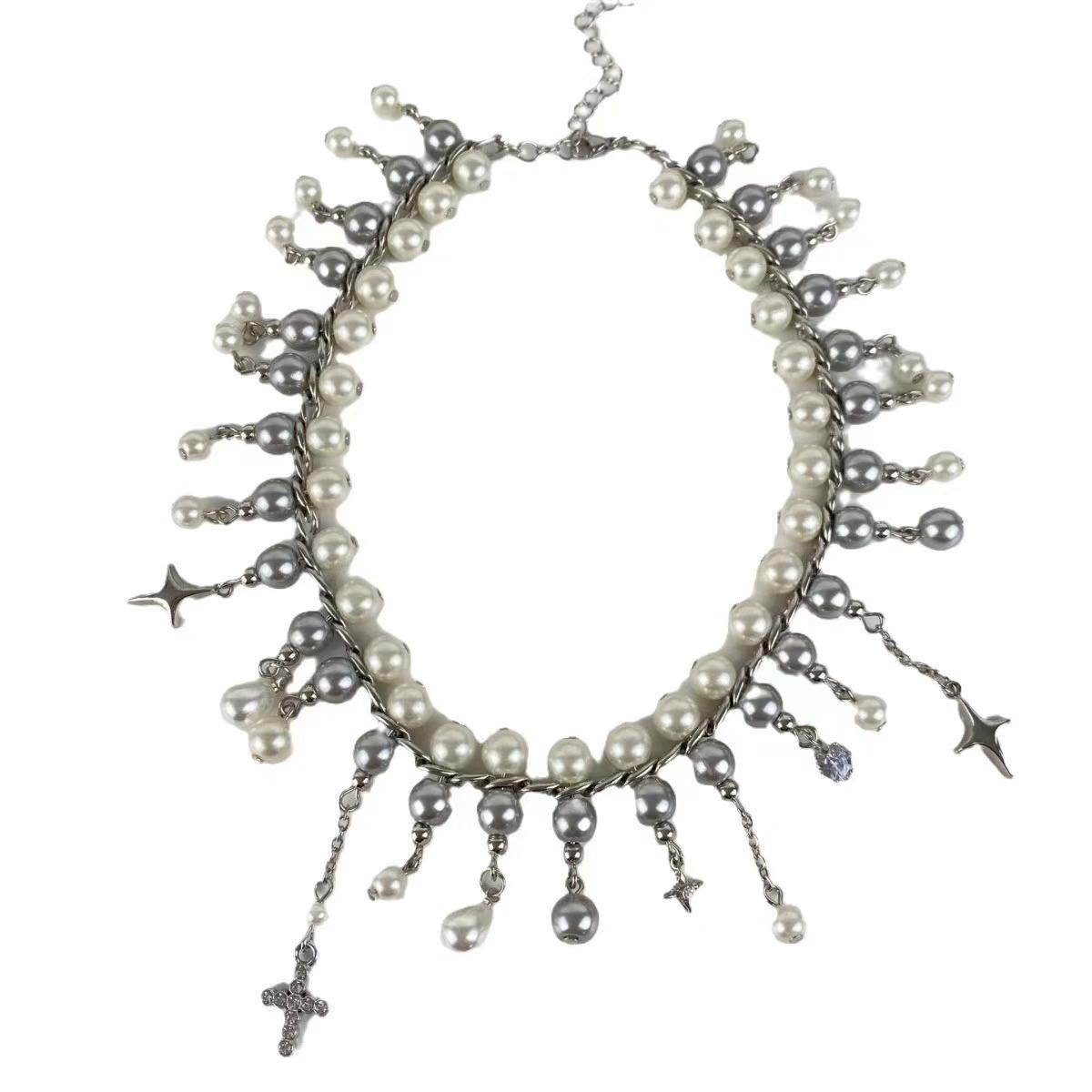 

New heavy industry love cross tetragonal star pearl necklace female niche retro sweet cool babe collarbone chain neck chain