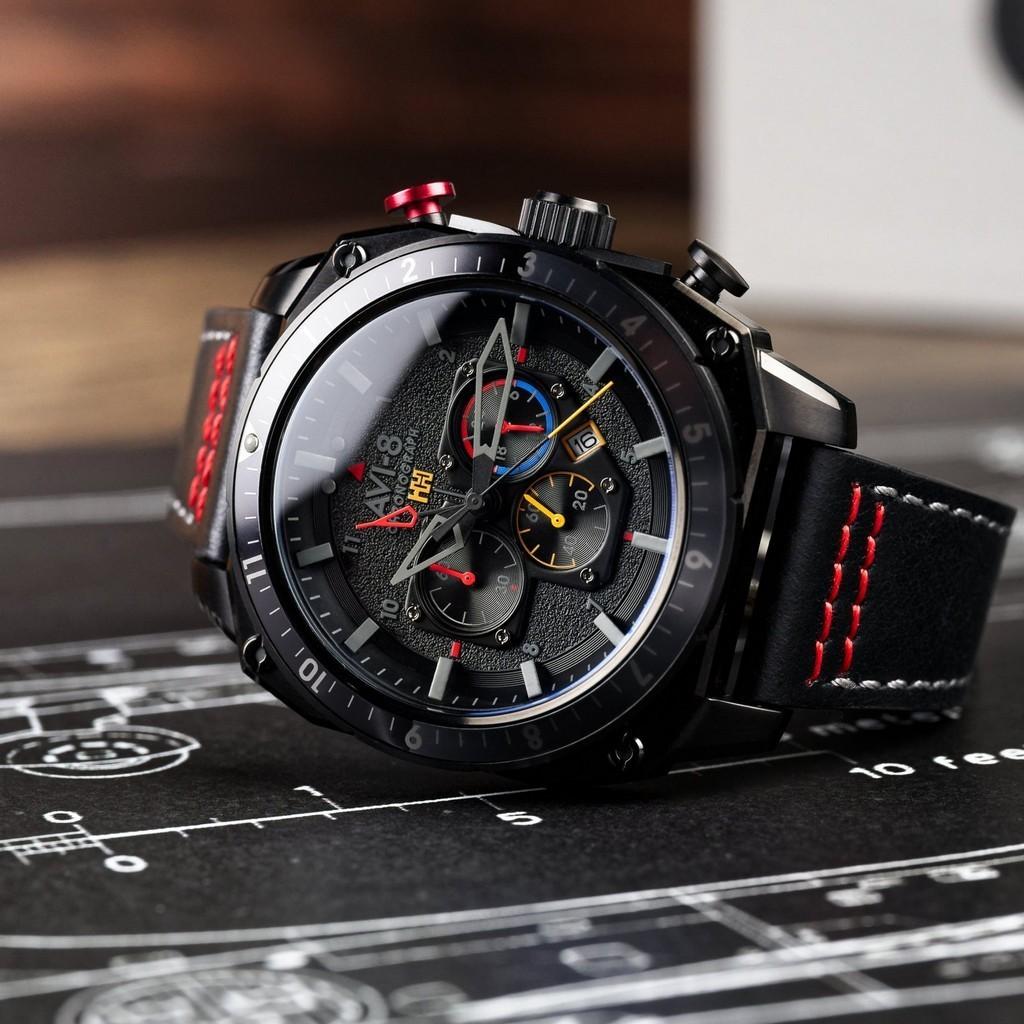 Montre AVI-8 Hawker Hunter Retrograde - Quartz, Boîtier 45mm Noir, Bracelet Cuir Marron - Neuve Avec étuis