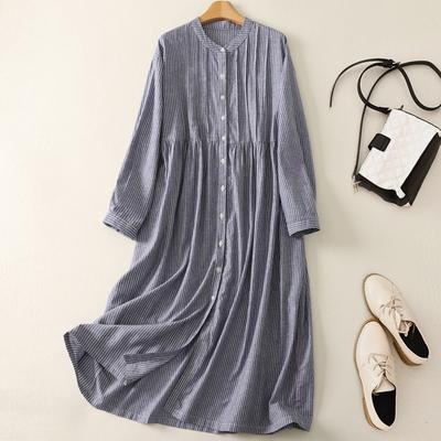Vestido de Saia com Gola Alta, Comprimento Médio Solto Feminino, Algodão Puro Listrado, Saia Longa
