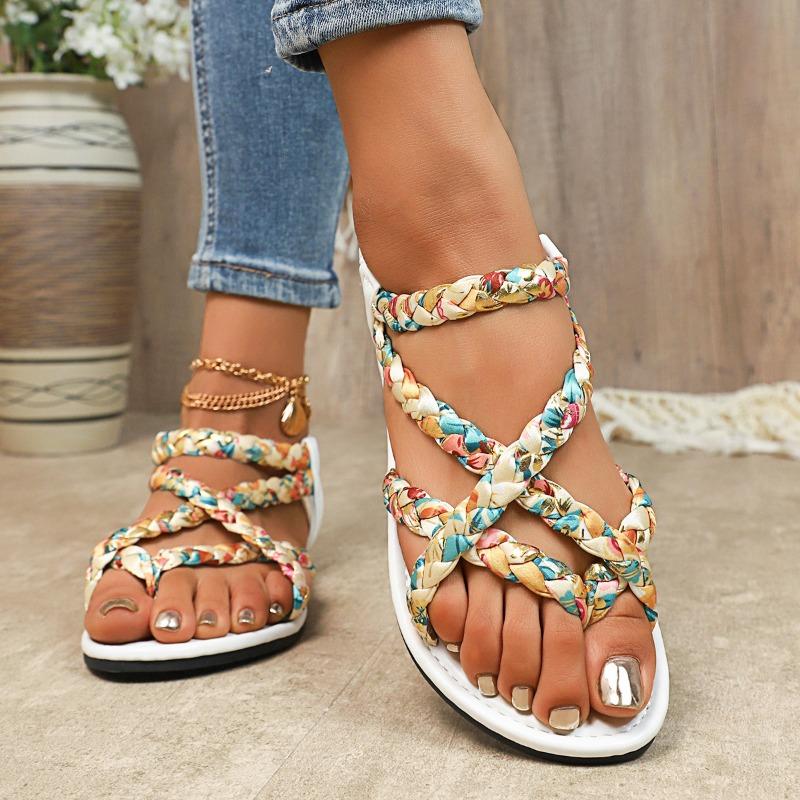 Woven Strap Clip Toe Flat Sandals Women's Summer New Round Toe Open Toe Soft Sole Anti-slip Wear-resistant Roman Shoes