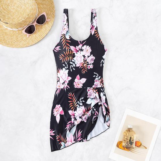 Women Swimsuit U-Neck Sleeveless Padded Swimming Dress Side Knot Irregular Hem Floral Print Monokini