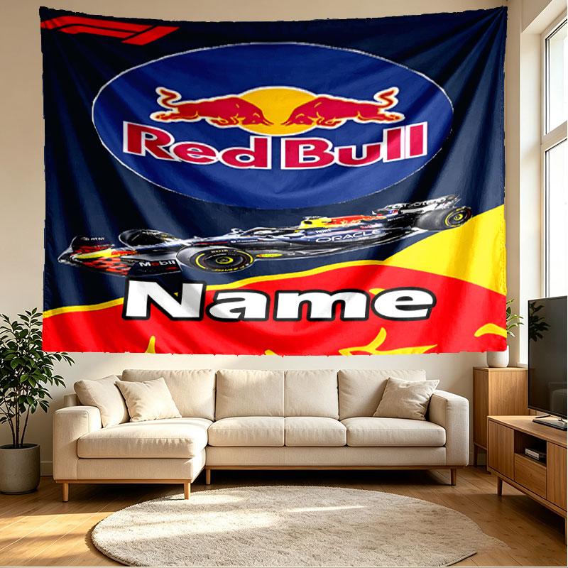 Custom Name Personalized Red Bull Racing Print Tapestry, Wall Art Decor, Bedroom, Dorm, Apartment, LivingRoom, Party Backdrop, Gift for Birthday