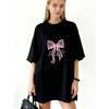 Oversized T Shirt Black Pink Lace Bow And Text Print Casual Wear For Women