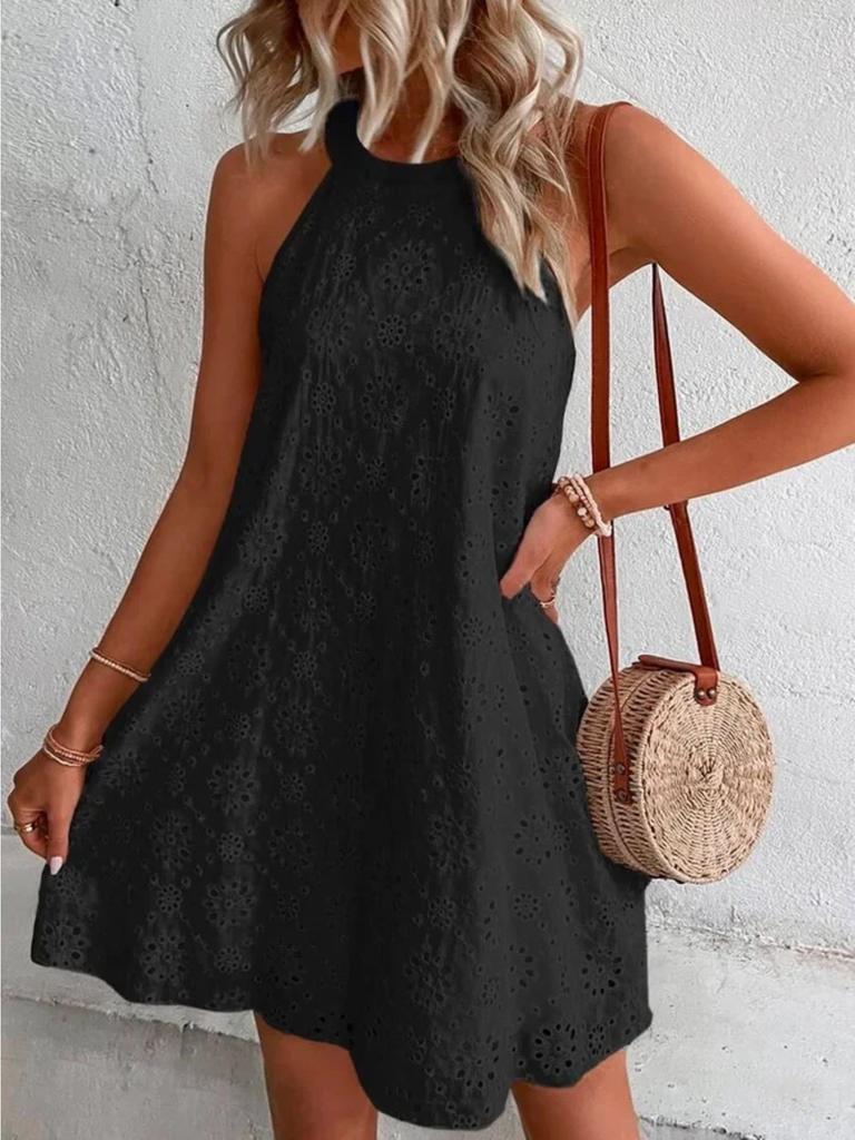 O Neck Lace Dress Solid Color Sleeveless Button Dresses Women Halter Causal Dress