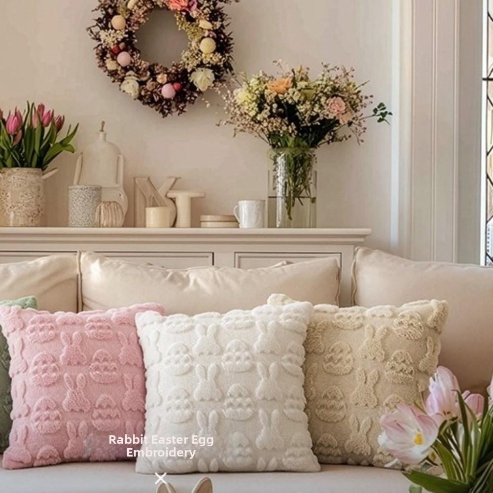 Festive Decor Cartoon Easter Rabbit Pillow Cover Soft Plush Square Bunny Pillowcase Detachable Washable Cushion Cover Gift