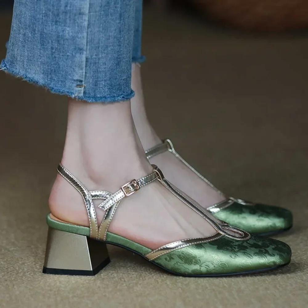 Baotou Women Chunky Square Toe Shoes Autumn Sexy Sandals 2024 New Trend Dress Shoes Pumps Slingback Casual Female