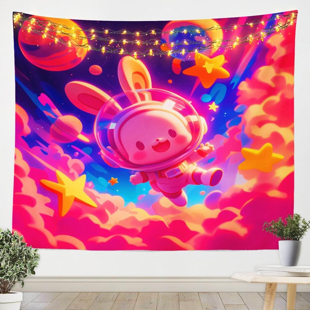 Dreamy Pastel Cloud Tapestry, Colorful Candy Sky with Glitter Stars Design, Bohemian Wall Art for Teen Room & Nursery