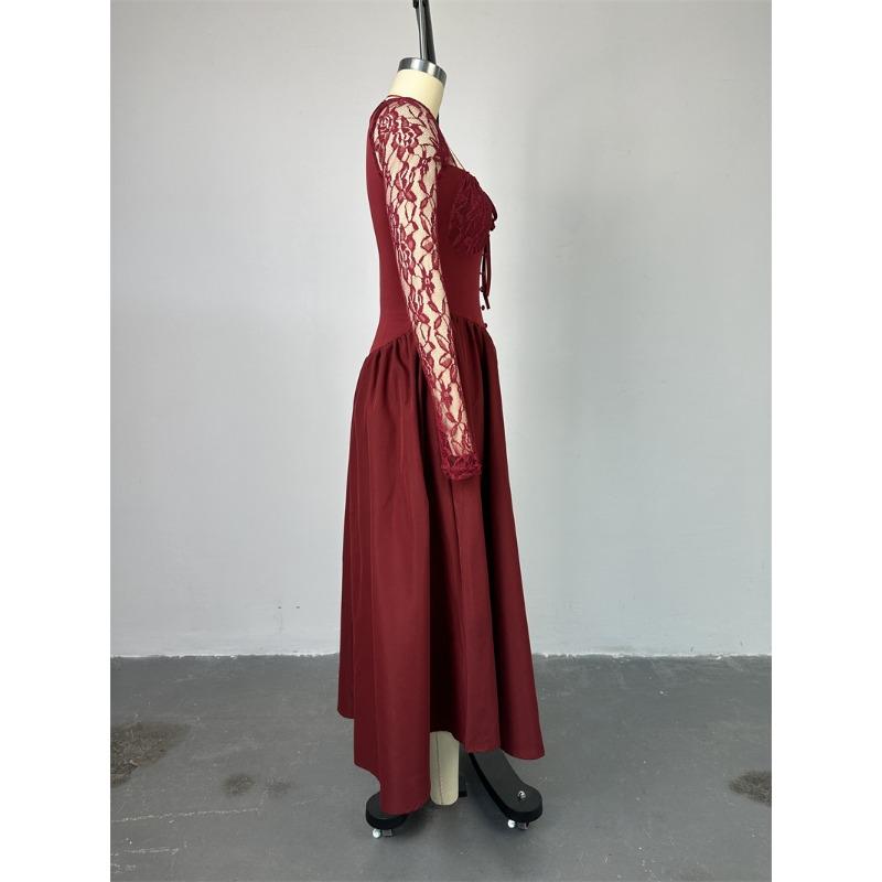 Damenkleid Frühling und Herbst Temperament Quadratischer Ausschnitt Spitze Langärmlig Tailliert Einfarbig Midilänge Kleider