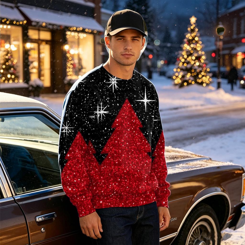 Men's Casual Loose Fit Printed Neck Long Sleeve T-Shirt for Daily Wear