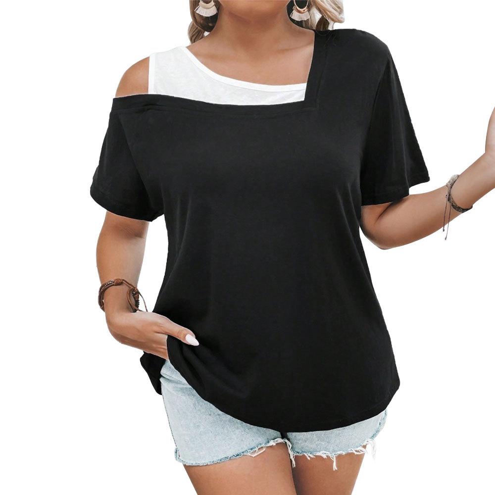 Large size women's fake two-piece T-shirt spring and summer new loose casual style contrasting top