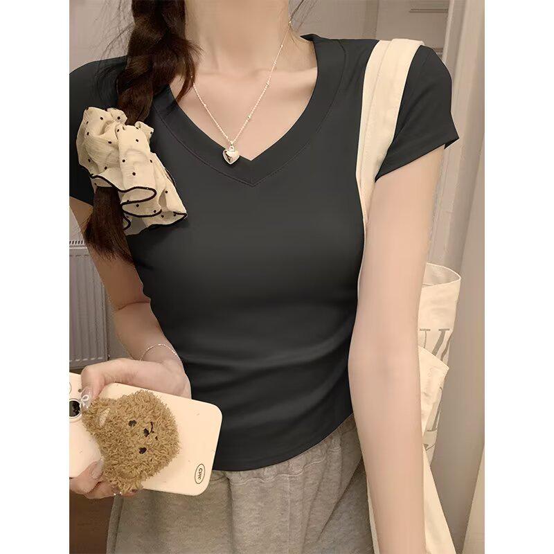 

American Solid Color V-Neck T-Shirt for Women - 2025 Summer Slim Fit Pullover Medium чёрный