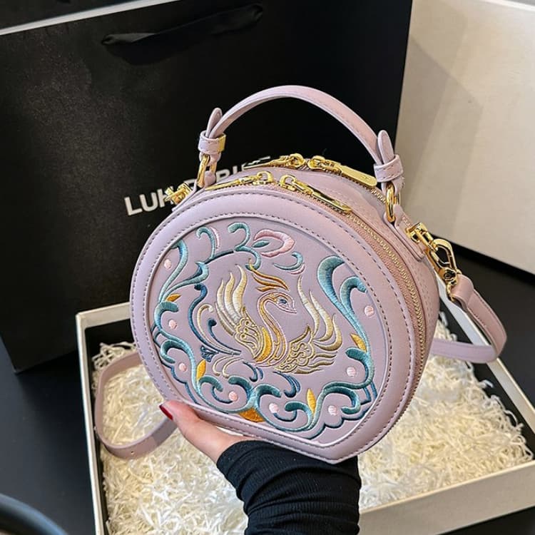 Vintage Embroidery Round Shoulder Bag, Zipper Handbag, Classic Trend Niche Satchel Bag