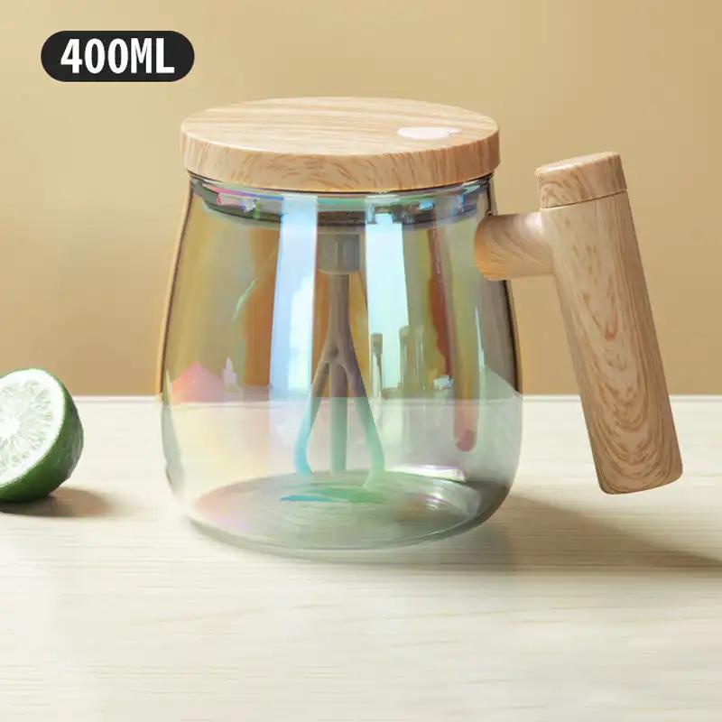 400ML Self Stirring Coffee Mug 7000rpm High Speed Self Mixing Glass Mug With Wooden Handle for Coffee Milk Protein Powder New