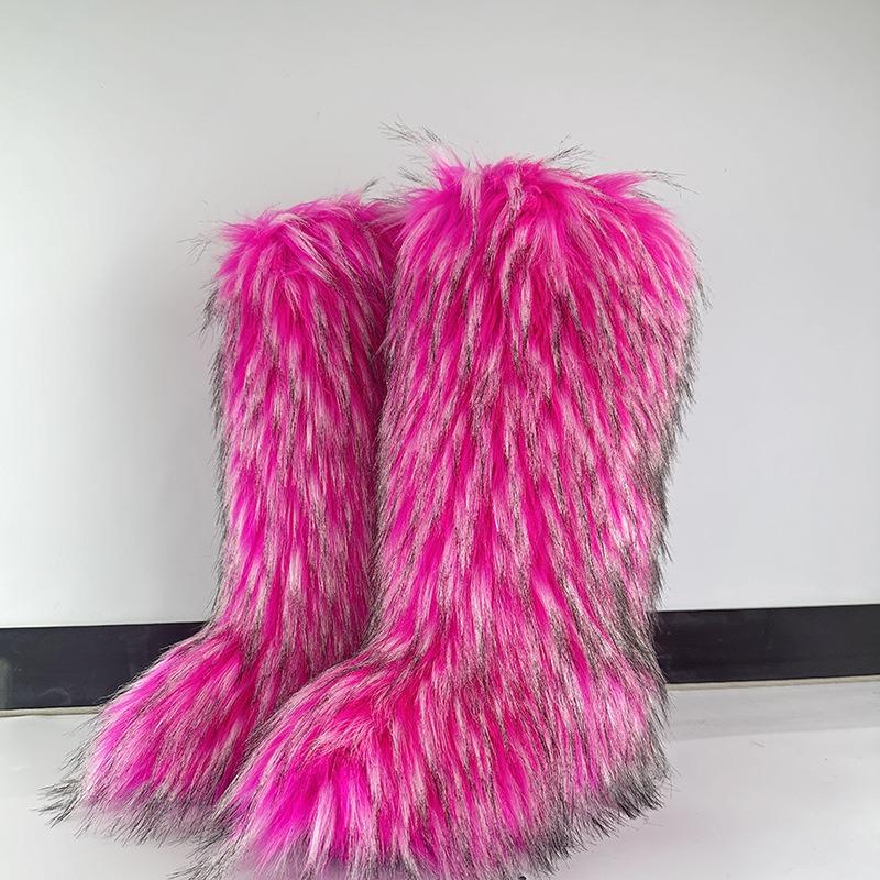 Furry Boots Long Tall Winter Imitation Fox Furry Snow Boots Men's and Women's Winter Large Size Fur Over Knee Boots
