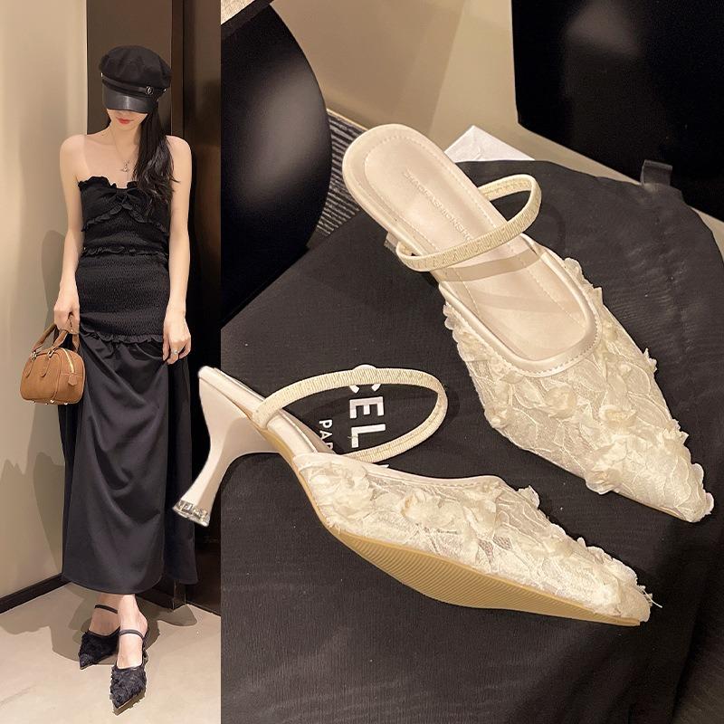Temperament Pointed Head Gentle High Heel Slippers Women's New Fashion Bag Head Half Drag Thin Heel Cool Slippers Women