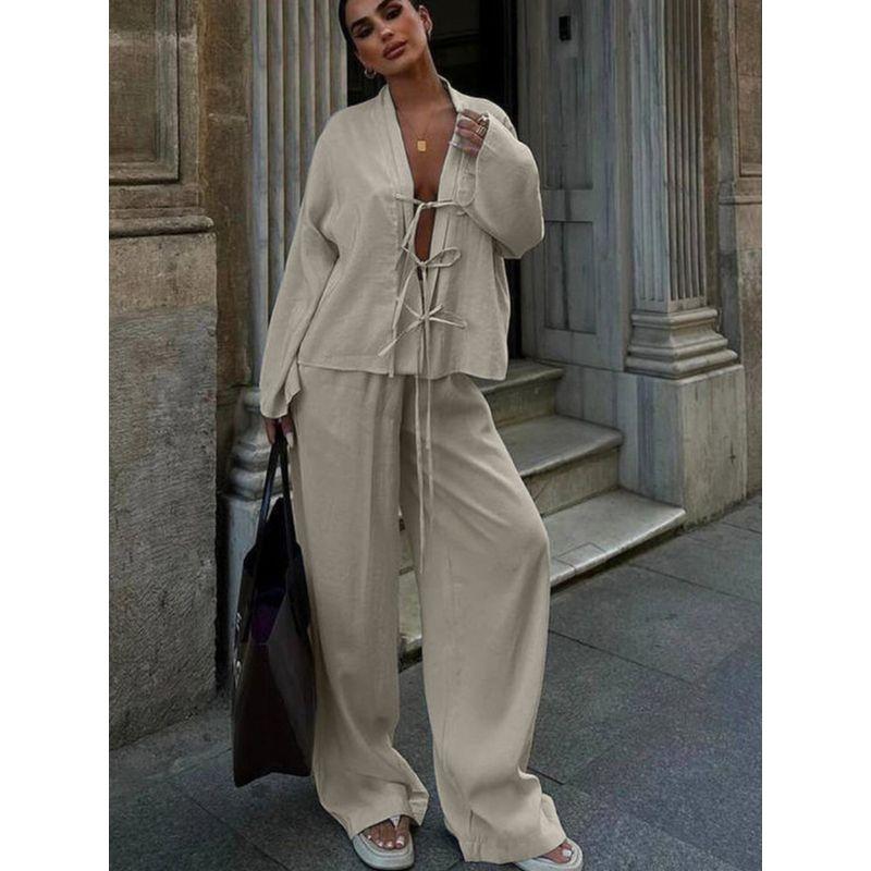 Solid Casual Two-piece Set European and American Fashion Lace-up Shirts Trousers Set Women Casual Two-Piece Set