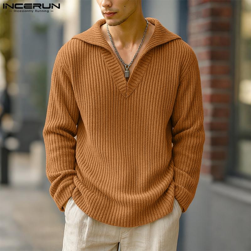 INCERUN Autumn Men Lapel V Neck Long Sleeve Texture Ribbed Knitted Casual Pullover Tops