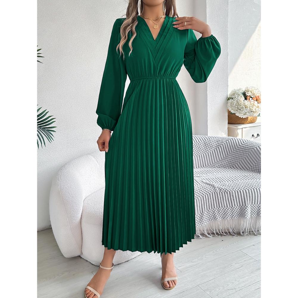 Autumn And Winter New Elegant Triple V-Neck Long Sleeved Waist Cinched Pleated Dress