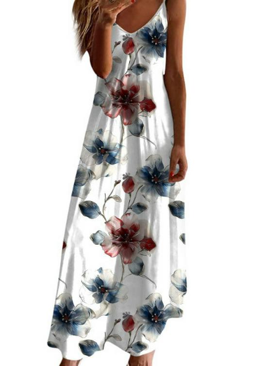 Women's Plus Size V-Neck Spaghetti Strap Long Dress - European & American Style