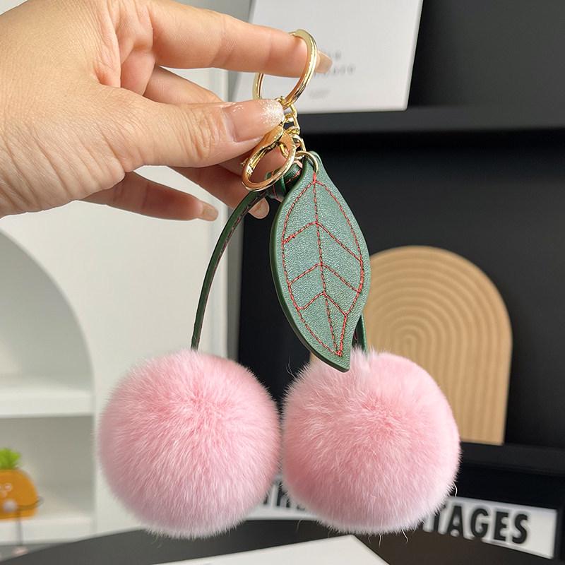 Faux Fur Cherry Leaf Plush Keychain - Fashionable, Cute Car Charm