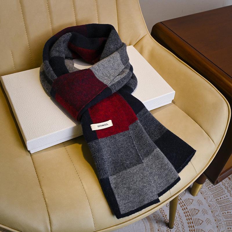 Plaid Scarf Men's Pure Wool Winter Versatile Thickened To Send Elders Knitted Scarf Men's Birthday Gift