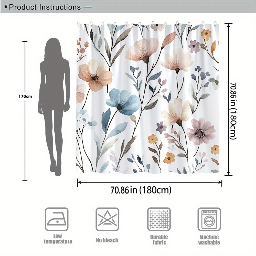 1 pastel floral shower curtain, blue and purple watercolor pattern with elongated leaves, with hooks, machine washable polyester