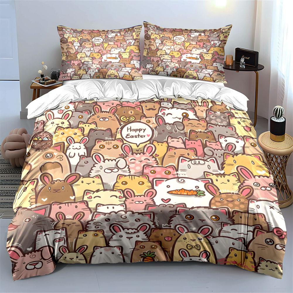 Cute Easter Bunny and Cat Print Bedding Duvet Cover Set  (1*Duvet Cover 2*Pillowcases, without duvet insert)