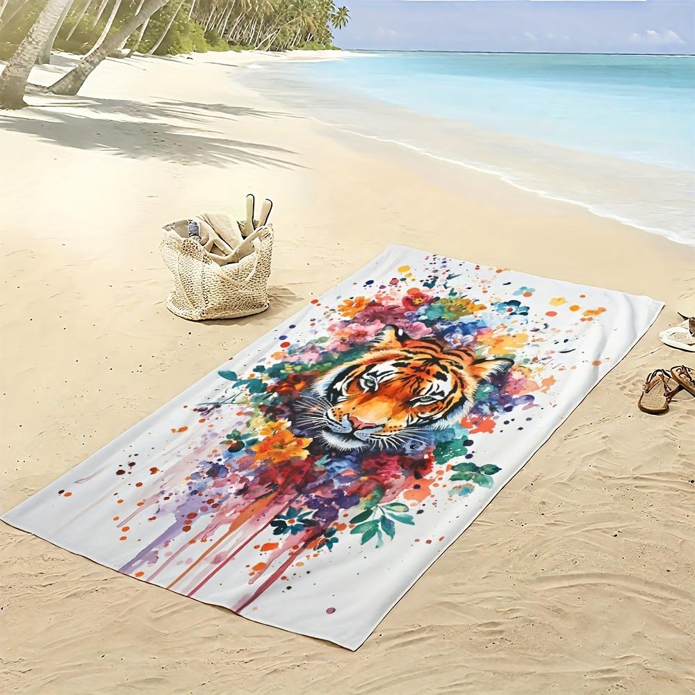Oversized Microfiber Beach Towel Soft Lightweight Quick-Dry Towel with Fun Prints Painting Tiger on White Background Sand-free