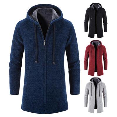 Men Knitting Coat Hooded Drawstring Long Sleeve Solid Color Jacket Zipper Placket Mid-length Warm Winter Jacket